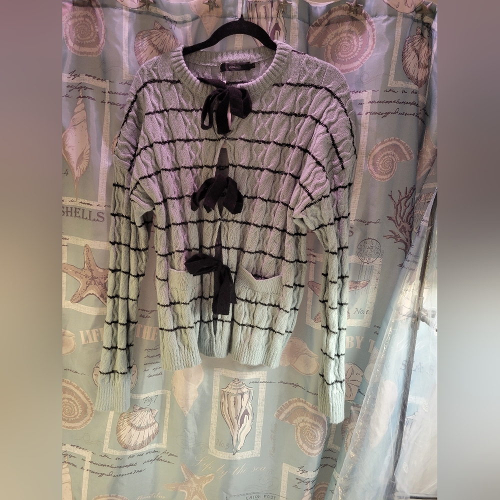 NWT Zessica Large Mint Green Striped Sweater with Actual Bows